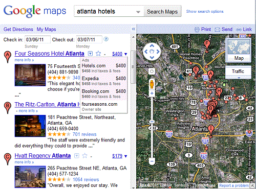 A sample search for Atlanta hotels in Google maps. Note the dropdown menu displaying rate info and booking sites.